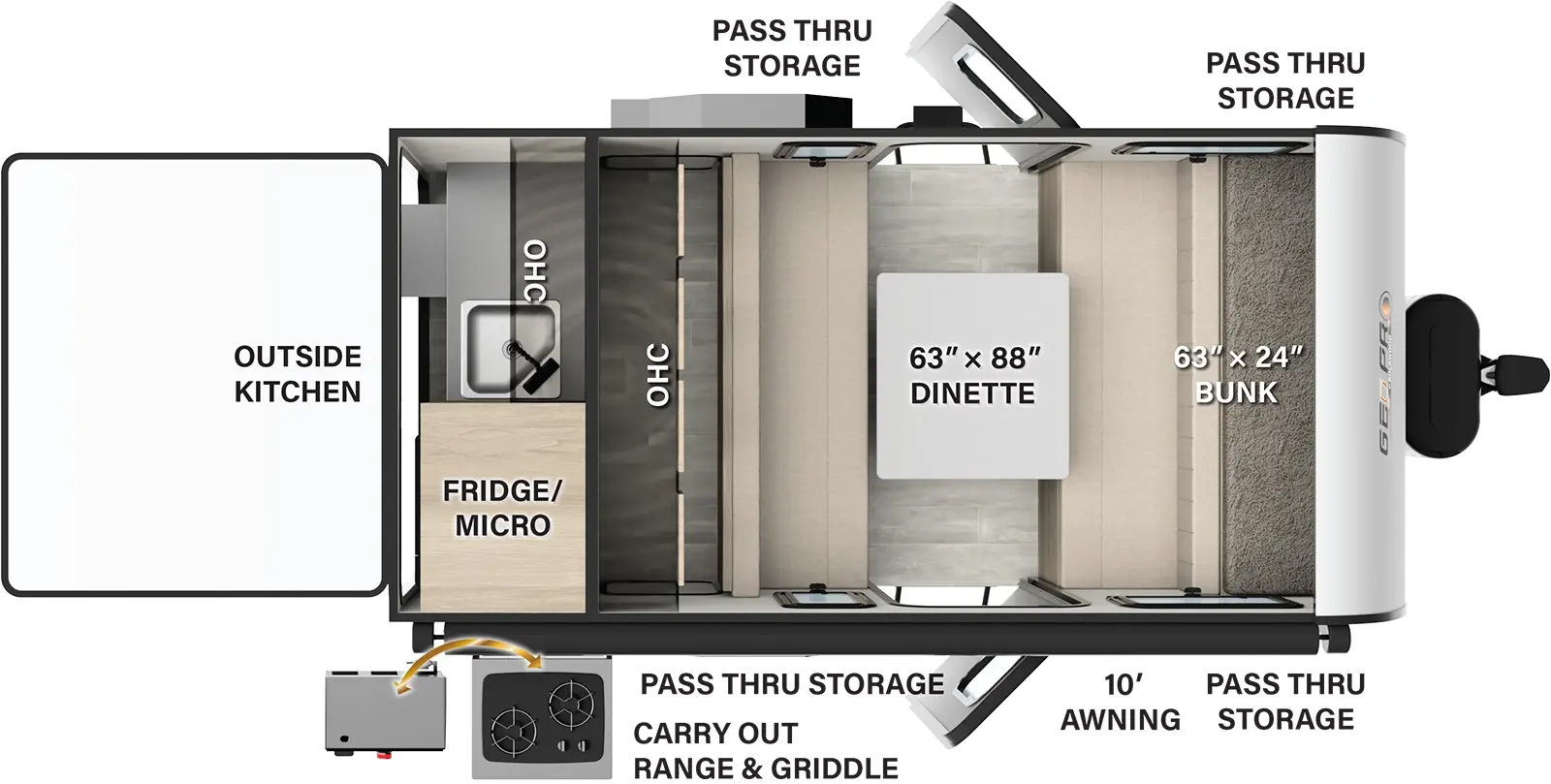 The G14D has zero slideouts and entry doors on each side. Exterior features front passthrough storage, mid passthrough storage, 10 foot awning, carryout range and griddle, and rear outside kitchen with refrigerator, microwave, sink and overhead cabinet. Interior layout front to back: front bunk, dinette table, rear overhead cabinet.